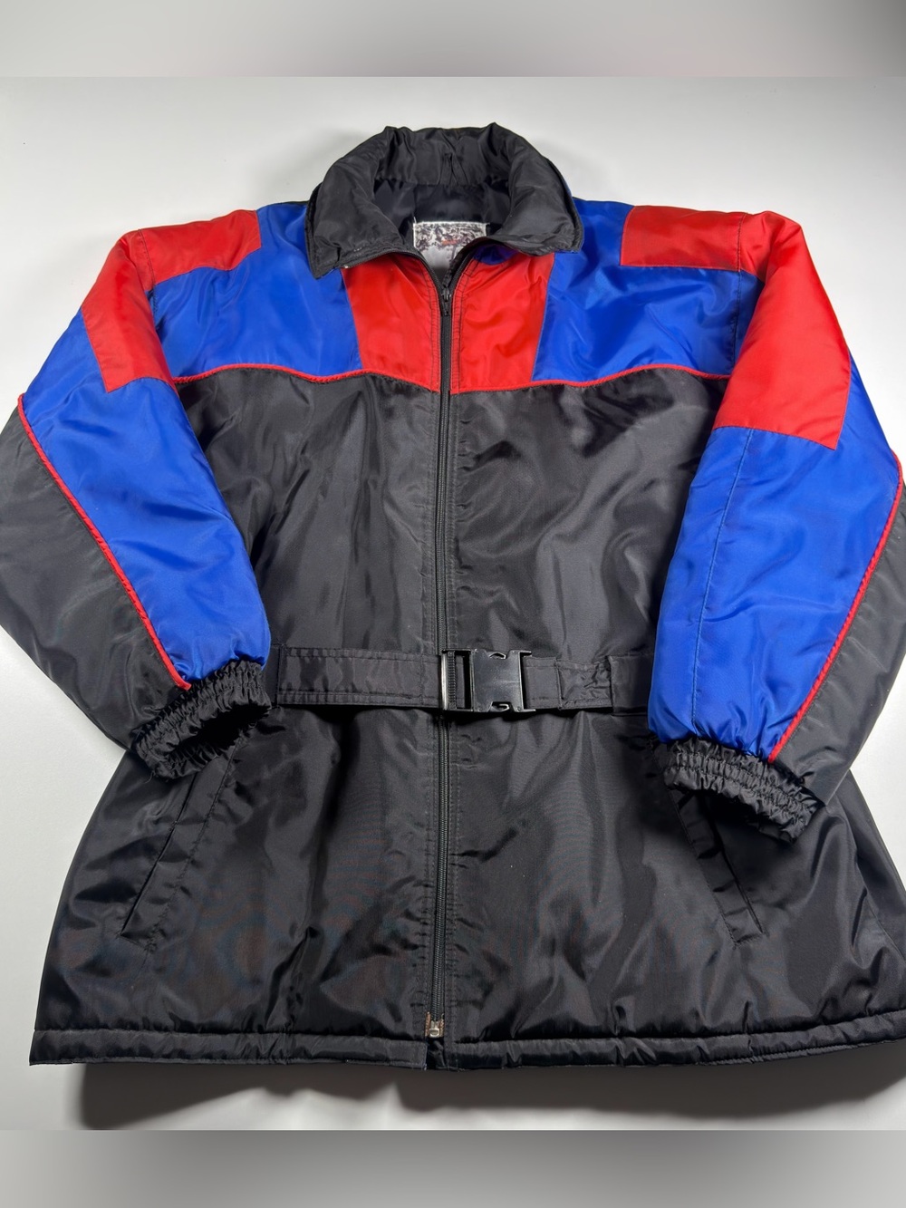 Vintage 90s Newface Colorblock Ski Jacket Size L – Black Red Blue Belted Nylon